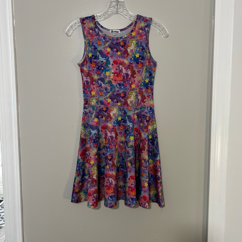 JXSTAR GIRLS SIZE 10-11Y 150 UNICORN PRINT PURPLE COLORFUL DRESS NWOT